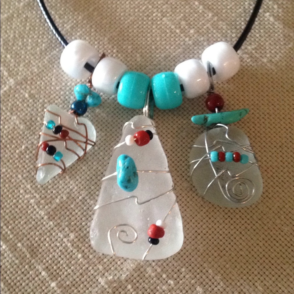 ARTISAN Southwest Sea Glass Turquoise Necklace Red Jasper Boho